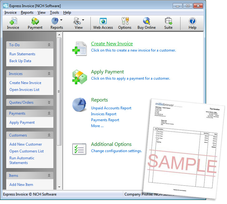 screenshot of Express Invoicing